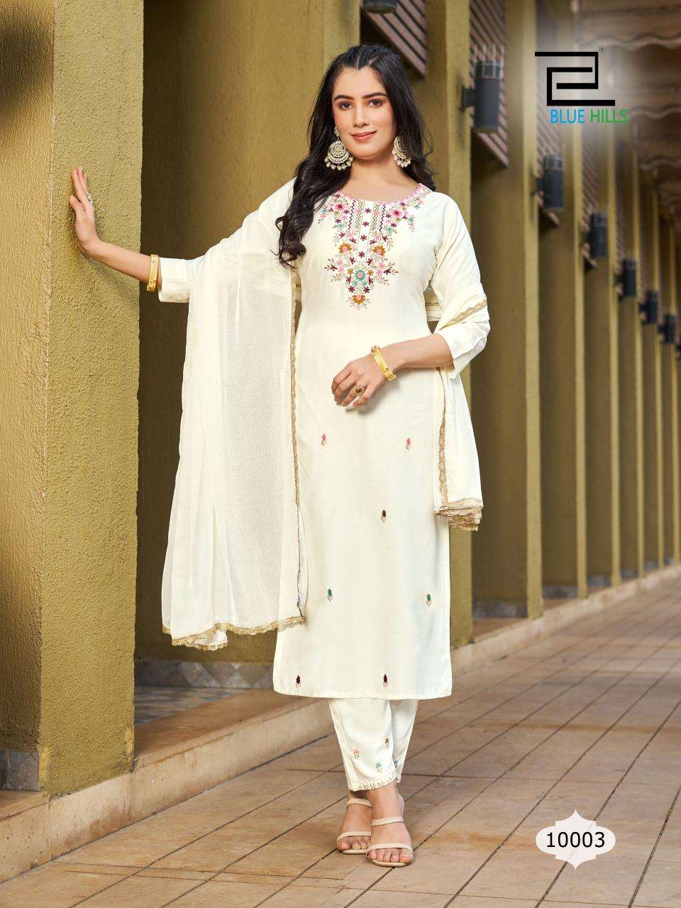 JANNAT RAYON 14 KG ZARI WITH MULTI COLOR THREAD WORK KURTI WITH PANT AND NAZMIN DUPATTA BY BLUE HILLS BRAND 1003